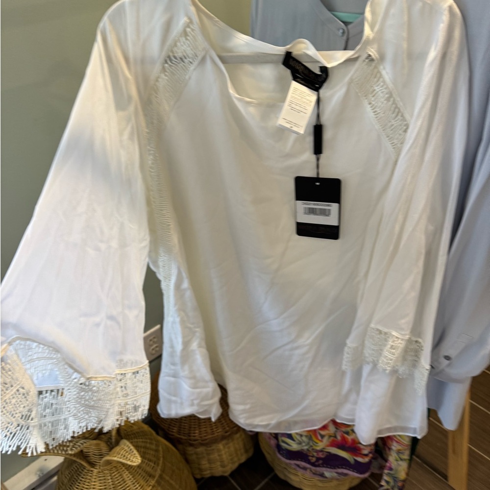 NWT Marina Rinaldi White Silk Blouse with Lace Accents